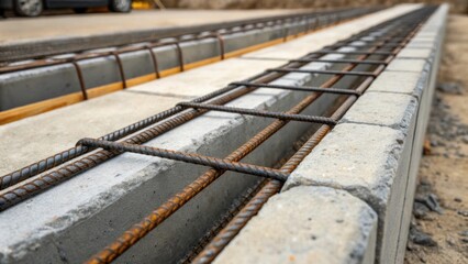 A focus on the reinforcing steel bars shared between several adjacent curb forms. The contrast of raw metal against the cool gray concrete hints at the structural integrity hidden