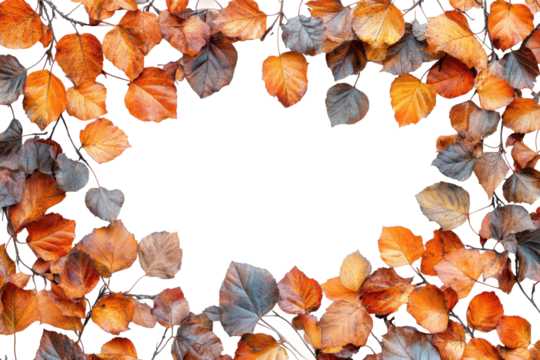 Autumn maple leaves border with vibrant orange, red, and yellow foliage, seasonal frame for fall-themed design, nature background isolated on transparent background