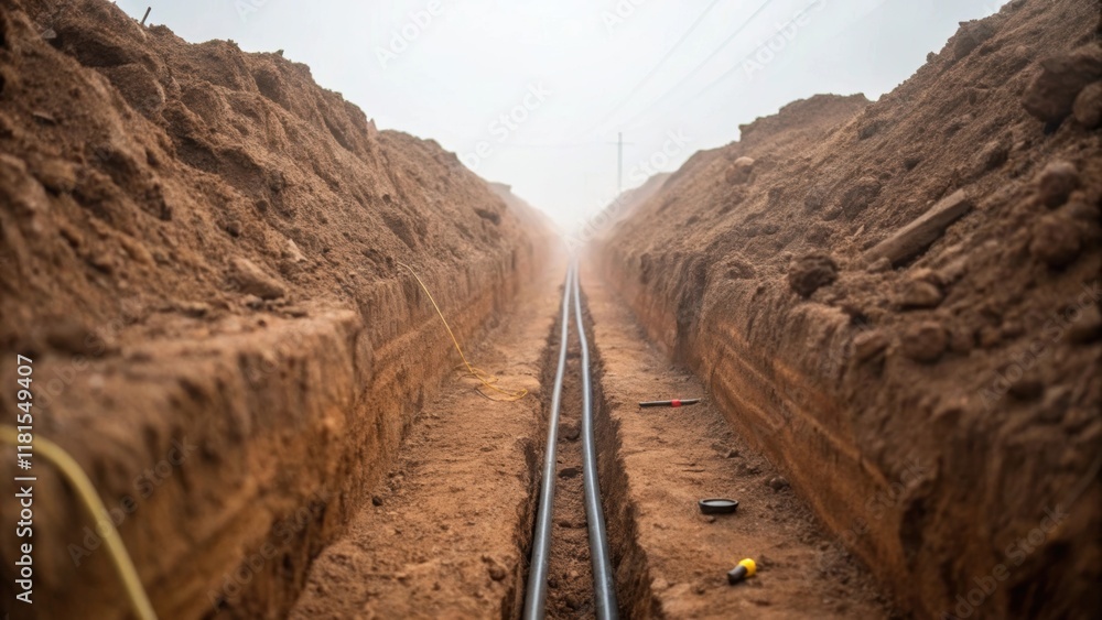 Aufkleber a glimpse down the length of an excavation trench with electrical conduit running parallel to the ed