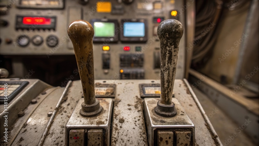 Poster A gritty closeup of the heavily worn and dirtstained control levers in a small pit area of the tunnel boring machine. The metallic handles coated with grime provide a tactile