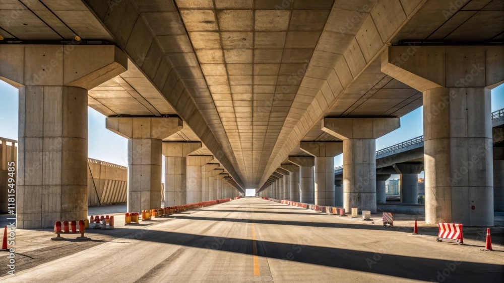 Poster a groundlevel perspective capturing the scale of the precast viaduct sections as they loom overhead.