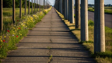 A groundlevel perspective showcasing a series of utility poles lined along a wellworn asphalt path their shadows casting elongated patterns on the pavement while wildflowers sprout