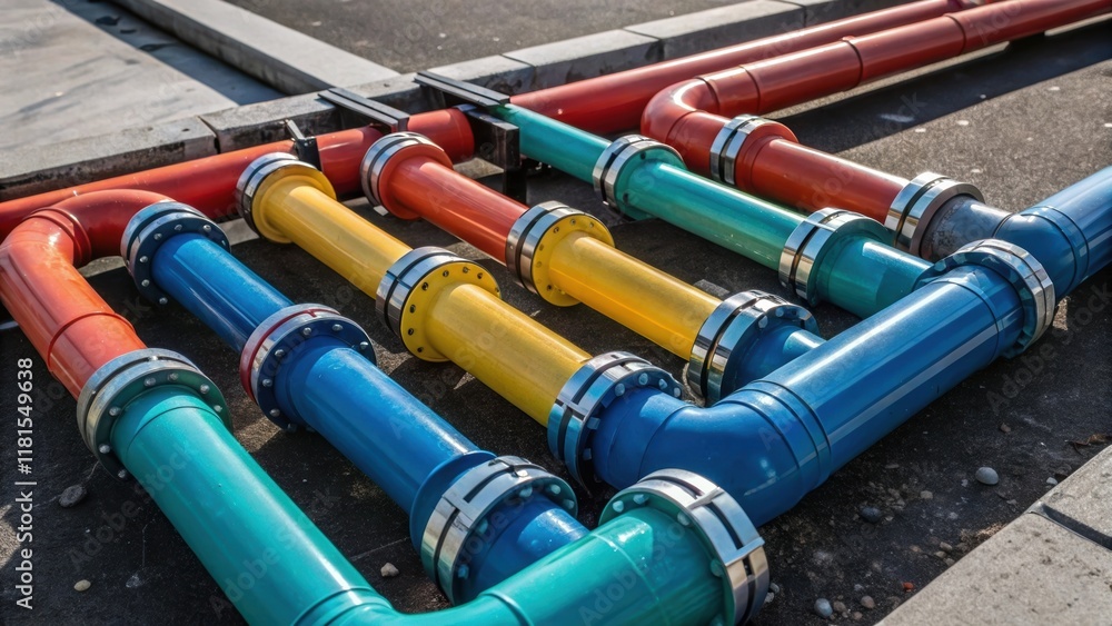 Poster a jumble of various sizes of water main pipe fittings at a junction point tangled together with colo