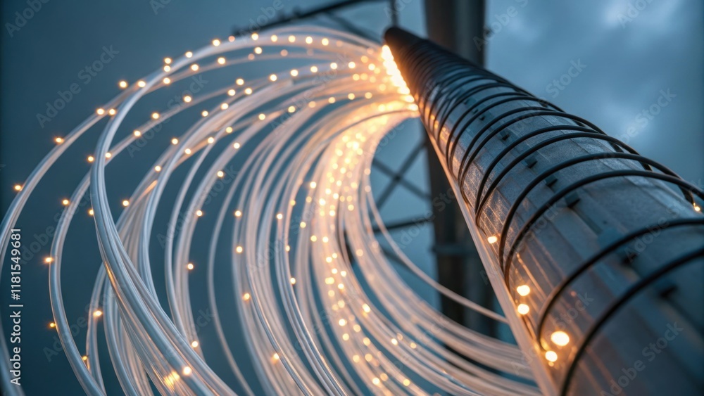Poster a highresolution shot that captures the fine details of multiple layers of fiber optic cables spiral