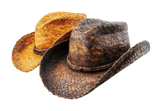 Two stylish leather cowboy hats in brown and yellow, featuring intricate stitching and decorative details, classic western accessory for men and women isolated on transparent background