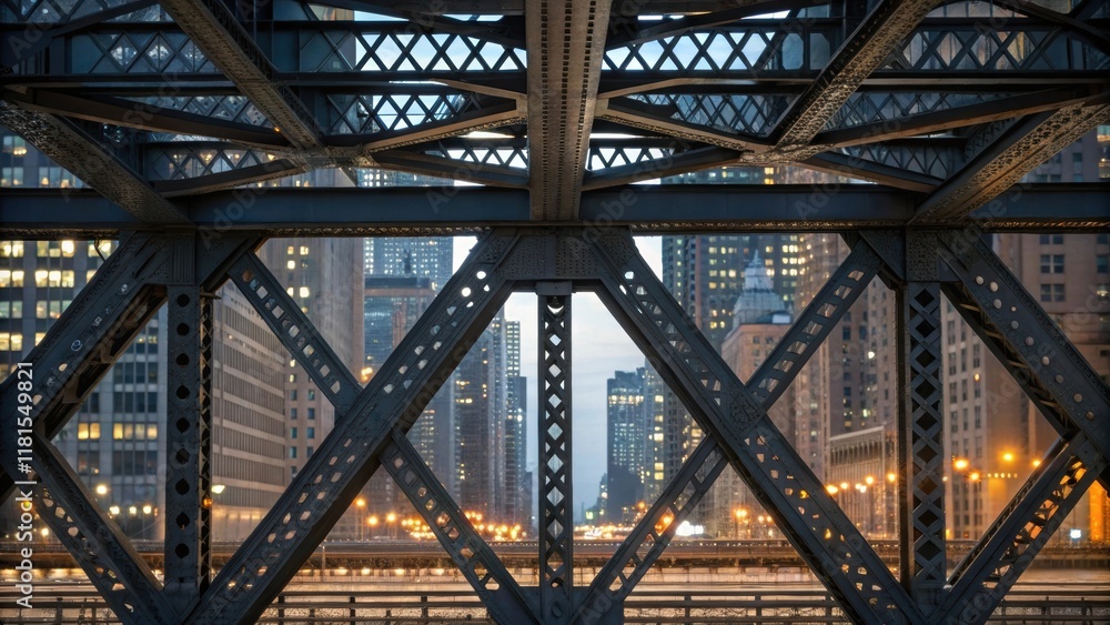 Poster A lole shot captures the interplay of multiple steel trusses layered one above the other creating a visually striking pattern. The image focuses on the dimensionality of the