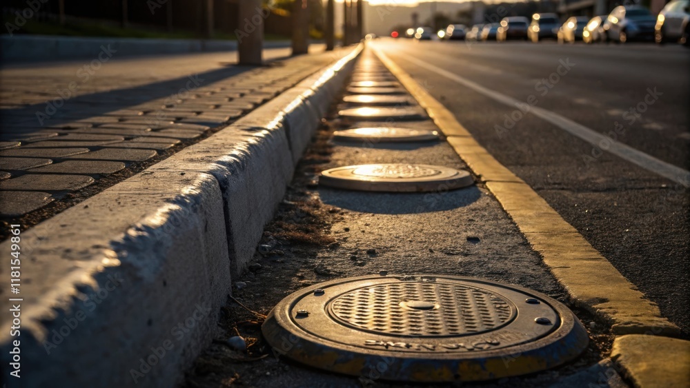 Poster a lole shot captures a row of manhole covers their metallic textures glinting in the afternoon sun c