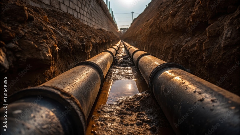 Aufkleber A low angle shot from within the trench showcasing several adjacent sewer pipe connectors bathed in shadows and pockets of light with water pooling in the unevenly excavated ground