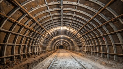 A lole shot captures the intersection within the tunnel where multiple reinforcements converge. The ceiling is a network of concrete beams and metal studs creating a labyrinthine