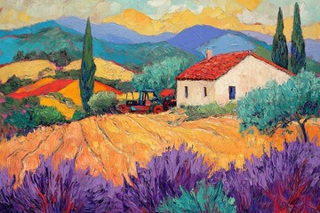Oil painting Italian summer countryside. Lavender purple field. French Tuscany. Field of yellow rye. Rural houses and high cypress trees on hill. Mountains in background. Oil painting palette knife im