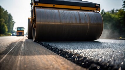 A lole shot emphasizes the enormity of an asphalt roller towering over the newly paved road. The asphalts rich dark color is in sharp focus with droplets of water from a nearby