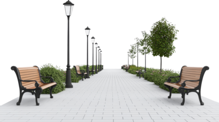 Serene Park Pathway with Benches and Streetlights