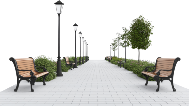 Serene Park Pathway with Benches and Streetlights