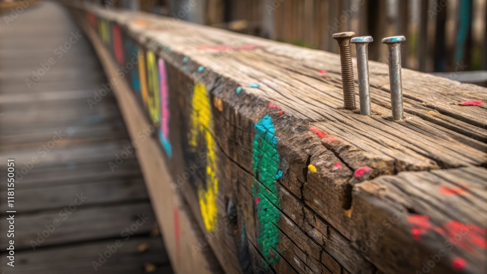 Poster A macro image focusing on a weathered wooden barrier splintered at the edges and adorned with colorful spray paint markings possibly left by workers. The grain of the wood and the