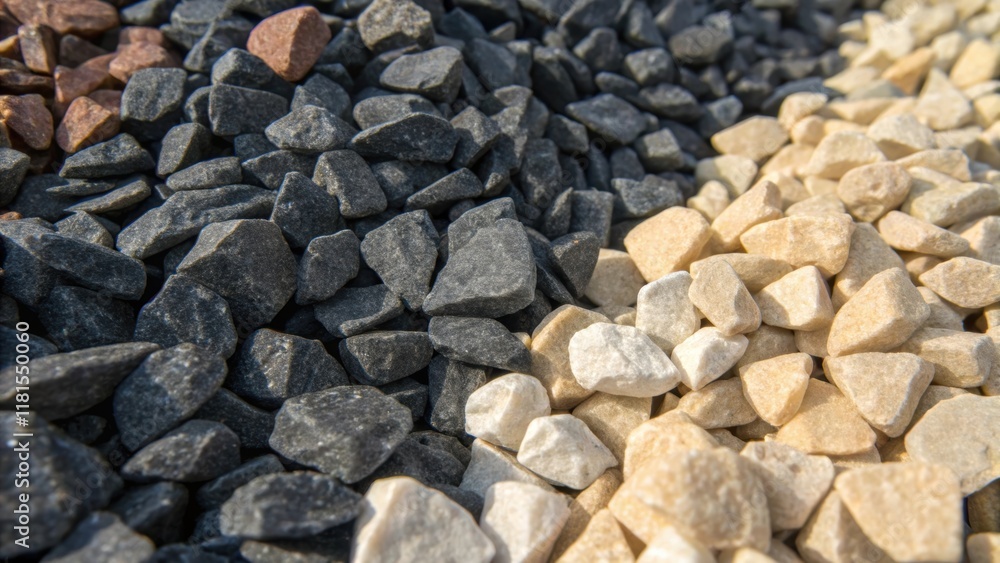 Aufkleber A macro image emphasizing the color variations found within a pile of compact gravel showcasing shades of slate charcoal and light beige. The combined colors form a rich palette