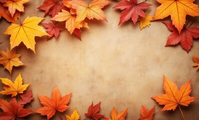 Colorful autumn leaves frame a rustic backdrop