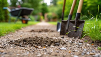 A macro image focuses on a small of soil being disp near the gravel path. Shovels and wheelbarrows lay nearby while earthworms wriggle in the damp soil emphasizing the transition