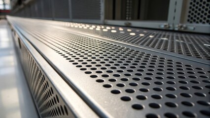 A macro image focusing on the perforated surface of a cable tray capturing the intricate patterns that allow for airflow and heat dissipation. The interplay of light and shadow