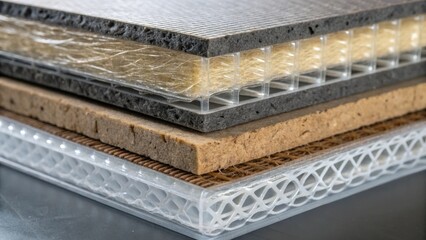 A macro image of the composite materials used in the bridges construction revealing layers and fibers within a transparent section. The interplay of light through the materials