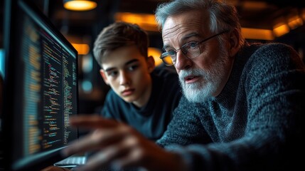 Senior man teaches young boy coding at computer in cozy cafe setting during evening hours with warm lighting
