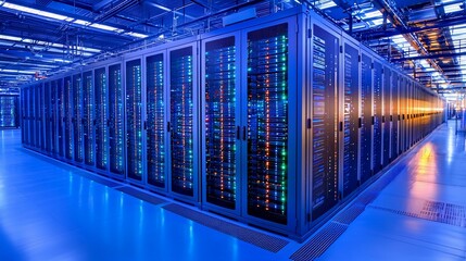 Modern data center with server racks.