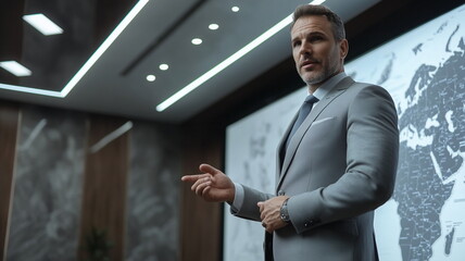 Fototapeta premium business confidently explaining investment options to clients in a modern boardroom. Clear communication and professionalism are emphasized.