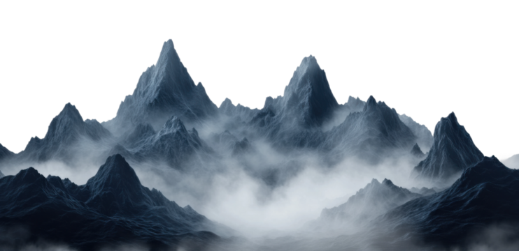 Mystical mountain range covered in fog, dramatic peaks and misty landscape with moody atmospheric design perfect for fantasy and nature themes isolated on transparent background