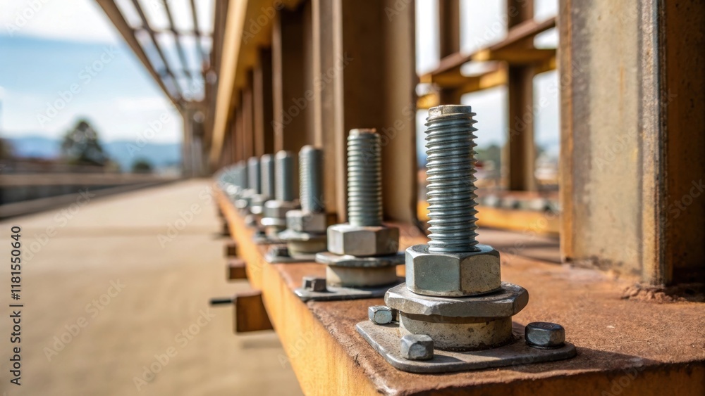 Aufkleber A macro shot captures the nuts and bolts securing the beams to the vertical supports revealing fine details and the precision of engineering. The image spotlights the craftsmanship
