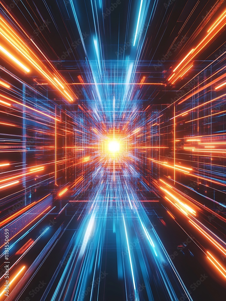 Poster vibrant futuristic abstract light streaks in a sci-fi tunnel perspective : generative ai