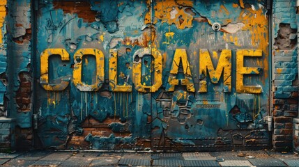 Obraz premium Vibrant graffiti art on a textured wall featuring the word 'Coloame' in bold yellow against a weathered blue background