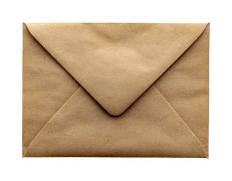 Brown kraft paper envelope sealed on white background, simple postal mail package for shipping, eco-friendly letter storage isolated on transparent background