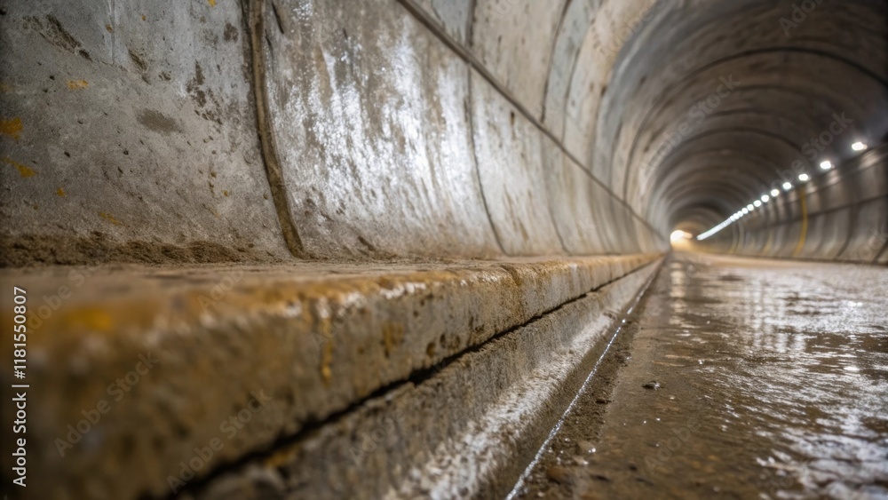 Aufkleber A macro shot capturing the weathered surface of a precast tunnel segment with streaks of moisture and mineral deposits illustrating exposure to the elements. The image conveys the