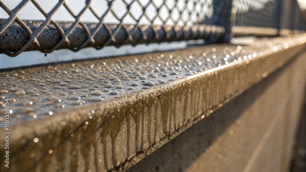 Poster A macro shot focusing on a section of a bridge abutment capturing the stark contrast between the smooth wornout concrete and the stark metallic meshes that intersect it. Droplets