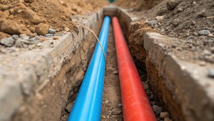 A macro shot emphasizes the junction where two conduit ducts meet within the trench. The coupling shows a meticulous connection with small bits of gravel and dirt collected around