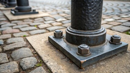 A macro shot focusing on the bolts securing a heavy bollard to the sidewalk showcasing the craftsmanship involved in its urban installation. Surrounding it the weathered