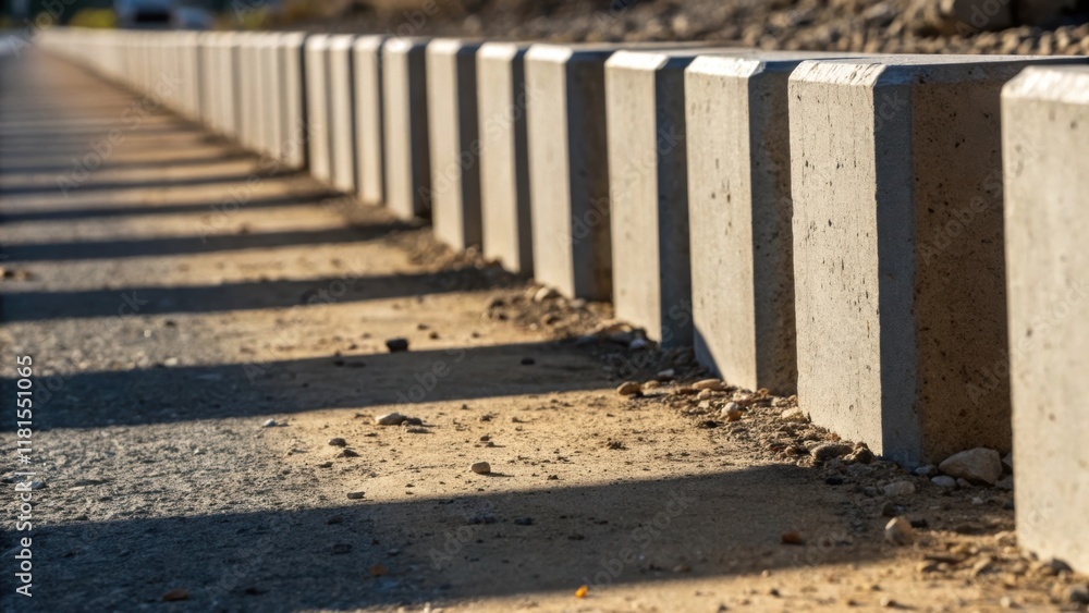 Aufkleber A macro shot highlighting the shadows cast by the sun on a row of concrete barriers. The interplay of light and shadow accentuates the rough texture of the concrete while tiny