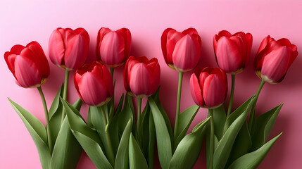 Obraz premium Red Tulips Bloom Beautifully on Pink Background Spring Flowers