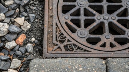 A macro shot of a drainage grate with decorative outs revealing the fine details of its design. Surrounding it bits of gravel and pieces of shattered asphalt are tered hinting at