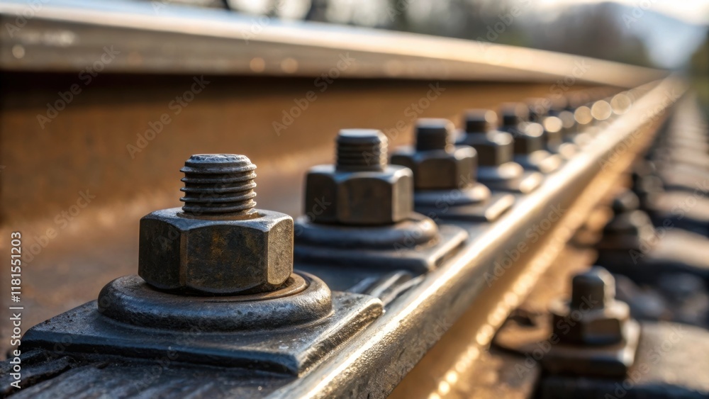 Aufkleber A macro shot of a specific grouping of rail fasteners focusing on the fine details and characteristics of each piece. The texture of the material is emphasized with highlights