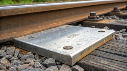 A macro shot of a tie plate resting atop a rail tie its metallic surface displaying signs of weathering and wear. The plates purpose is clear designed with precision to distribute