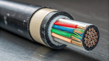 A macro shot of a section of fiber optic cable exposing its layered structure. The protective outer layer is slashed open revealing strands of different colors embedded within the