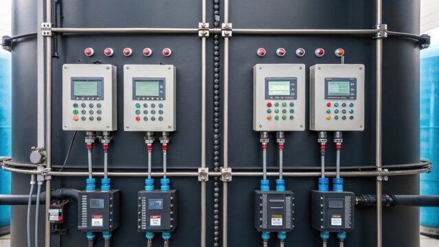 A macro shot of sensors and control panels affixed to the surface of a large water treatment tank. The array of buttons digital displays and wiring conveys a sense of the