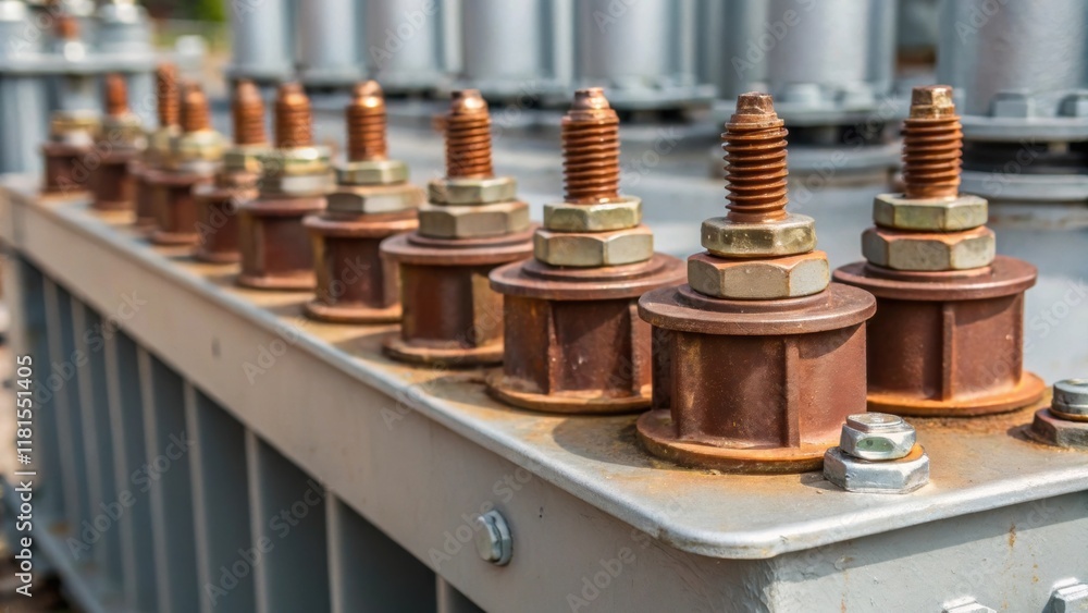 Poster a macro shot of electrical connectors on the transformer with gleaming copper and aluminum surfaces 