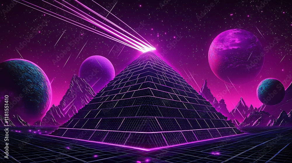 Poster futuristic digital pyramid with planets and starry sky in neon pink universe : generative ai