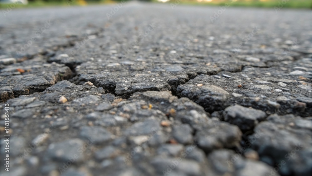 Poster A macro shot of the asphalt crosssection with a focus on the intricate texture of the upper surface featuring tiny cracks and stone chips interspersed illustrating weathering and