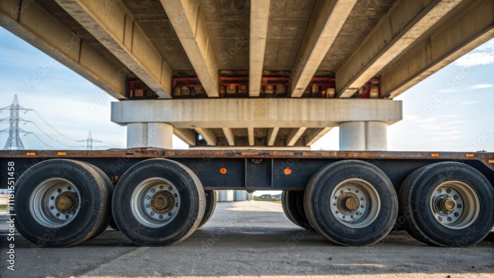 Poster a macro shot of the flatbed trailers wheels juxtaposed with the weighty viaduct segments above. the 