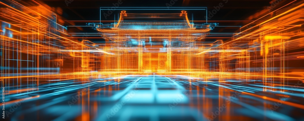 Aufkleber futuristic orange and blue digital cityscape with abstract architectural design : generative ai