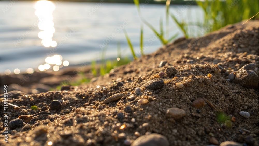 Poster a macro shot of the soil composition of the embankment highlighting the grains of sand small rocks a