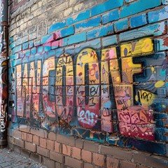 Obraz premium Colorful street artwork featuring the word welcome on a vibrant brick wall in an urban alley