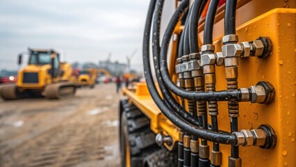 A macro shot of the hydraulic lines and connectors on the side of a road construction machine glistening with moisture. The mechanical components reflect the complexity and